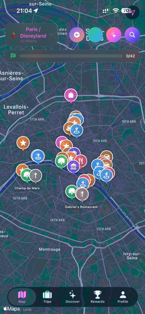 WanderQuest map view showing a Paris adventure with place pins